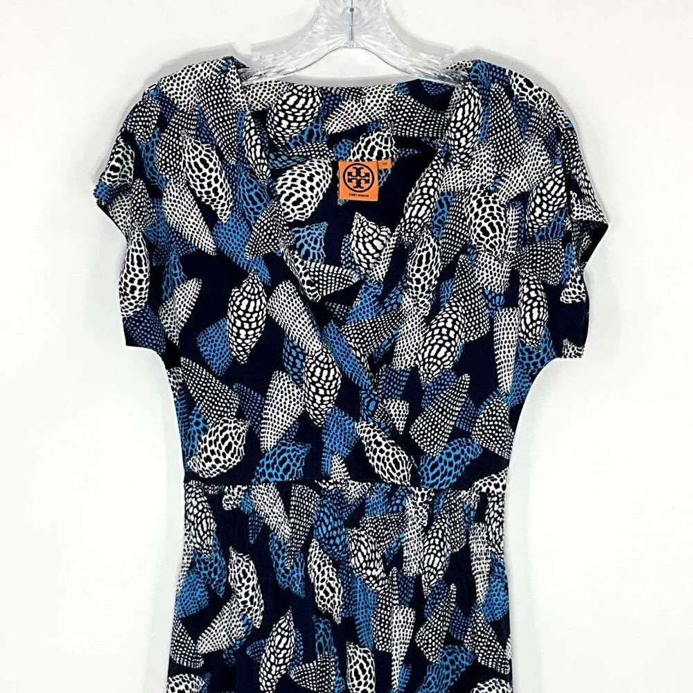 Tory Burch Dress Women XS Silk Blue‎ Seashell Polka Dot Short Sleeve V-Neck